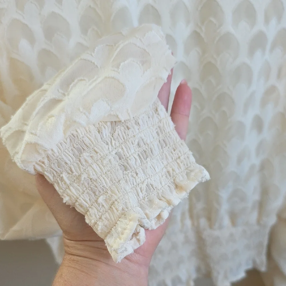 H&M Cream Sheer High Neck Victorian Ruffled Boho Mesh Blouse Top Size 4 Coquette
